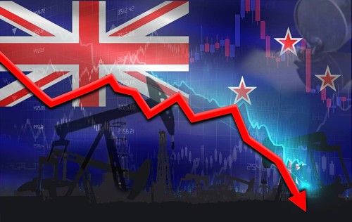 Crude crisis with New Zealander flag on financial graph. Fall oil price with flag of New Zealand on