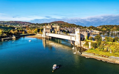 Conwy Castle over River Convy from a drone, Convy, North Wales, England, United Kingdom