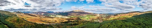 Panorama of Snowdonia National Park over Road A470 from a drone, Crimea Pass, Blaenau Dolwyddelan,