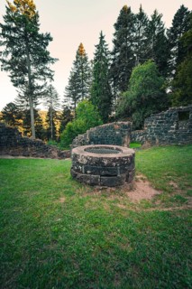 A historic well surrounded by ruins, surrounded by forest and illuminated by soft evening light,