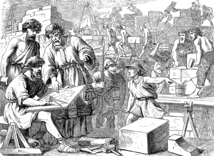The walls of Jerusalem are built, The Book of Nehemiah, chapter 4, craftsman, stonemason, crane,