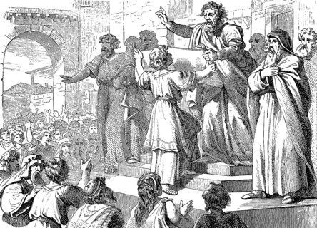The priest and scribe Ezra reads the law to the people in front of the water gate, Jerusalem, The