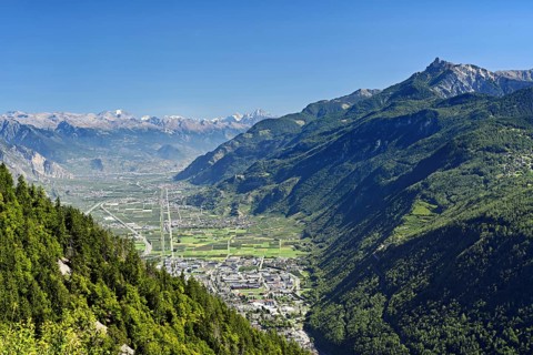 View of the valley and town, Chamonix-Mont-Blanc, Haute-Savoie, France