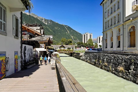 Arve glacial river flows through the city, Chamonix-Mont-Blanc, Haute-Savoie, France