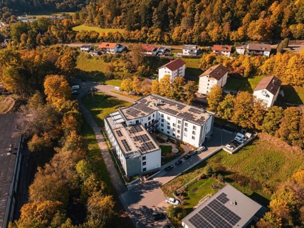 Aerial view of an autumnal residential area with solar panels and surrounding trees, Nagold, Black