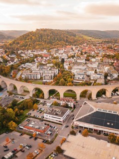 Aerial view of the city with an elongated bridge surrounded by autumn trees, hills and an urban