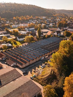 Panoramic view of an industrial area with autumn trees and surrounding buildings, Nagold, Black
