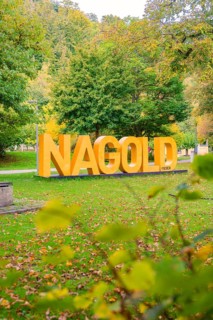 Park with big yellow letters that indicate Nagold, surrounded by autumnal nature, Nagold, Black