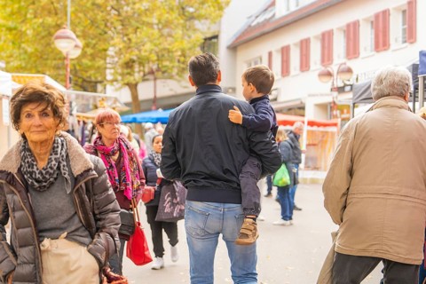 Visitors in autumn clothes stroll while a man carries a child, Streuobstmarkt, Sindelfingen,