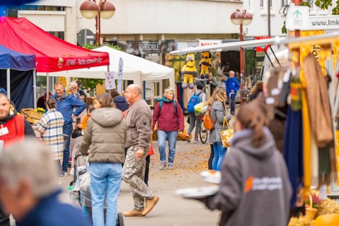 People stroll and talk at a busy market with many stalls, traditional fruit market, Sindelfingen,