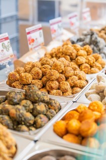 Handmade, colorful food carefully placed on a market stand, Streuobstmarkt, Sindelfingen, Böblingen