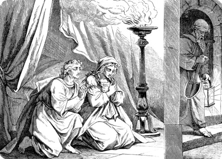 Young Tobias receives Sarah as wife, The Book of Tobias, chapter 7, bed, curtain, prayer, oil lamp,