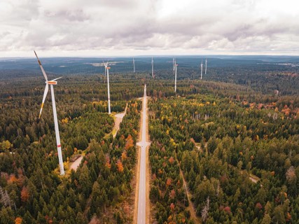 Wind turbines along a long road through an autumnal forest, Simmersfeld wind farm, Germany