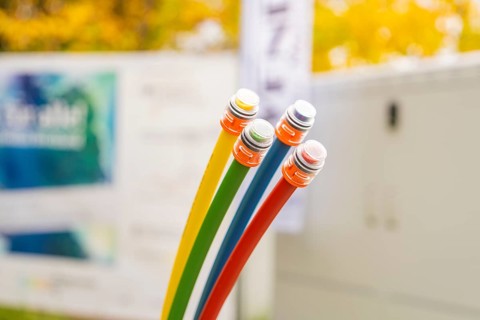 Four colored fiber optic cables against a blurred autumn background, optical fiber