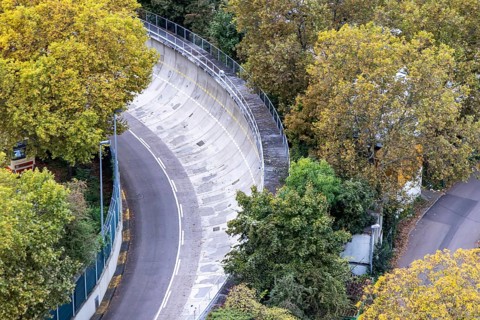 Runway at Mercedes-Benz plant with steep wall curve. Test track for Mercedes test vehicles.