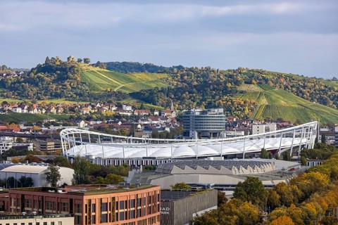 Neckarpark Stuttgart with Hanns-Martin-Schleyer-Hall and MHP Arena. In the center of the picture,