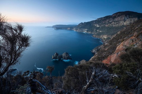 Shipstern Bluff viewpoint. Blue hour with long exposure showing sunset over the cliffs of Cape
