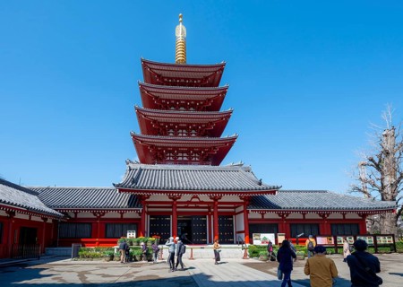 Five-story pagoda, Buddhist temple complex, Asakusa shrine or Senso-ji temple, Asakusa, Tokyo,