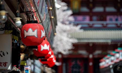 Red lanterns on Nakamise-dori shopping street, in the back the Hozomon Gate of Asakusa Shrine or