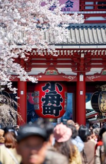 View of numerous visitors on Nakamise-dori shopping street of the Hozomon Gate of Asakusa Shrine or