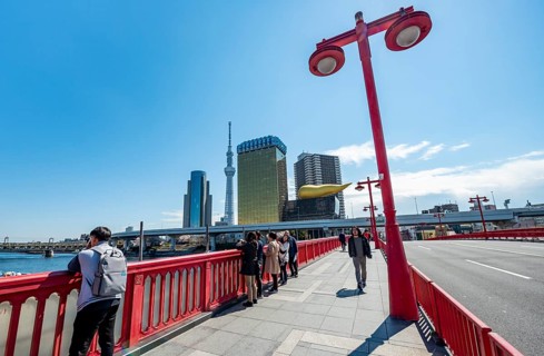 Visitors on the Azuma Bridge, Sumida City Skyline, Sumida City Office, Tokyo Skytree, Asahi Beer