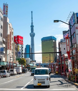 Street with typical Japanese houses, Sumida City skyline in the back, Sumida City Office, Tokyo