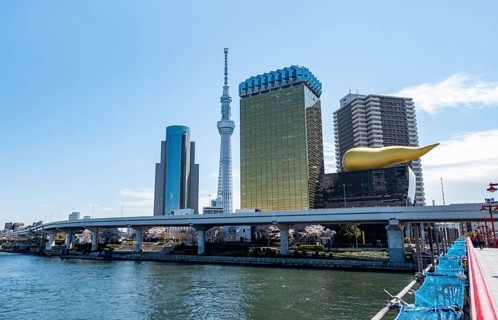 View of the Sumida River from Azuma Bridge, Sumida City Skyline, Sumida City Office, Tokyo Skytree,