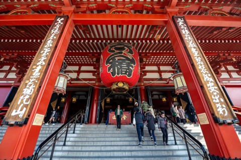 Buddhist temple complex, main hall, Asakusa shrine or Senso-ji temple, Asakusa, Tokyo, Japan