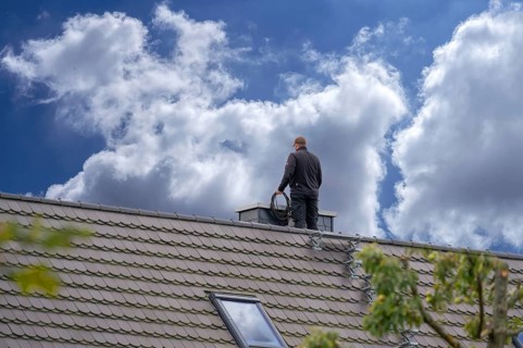 Chimney sweeper, stone sweep on the roof, Darß, Mecklenburg-Western Pomerania, Germany