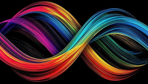 Abstract digital art featuring vibrant, intersecting neon lines creating a geometric pattern,