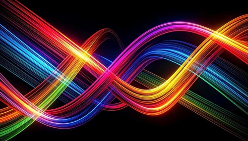 Abstract digital art featuring vibrant, intersecting neon lines creating a geometric pattern,