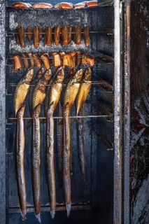 Different types of fish in a smoker, Ahrenshoop, Darß, Mecklenburg-Western Pomerania, Germany