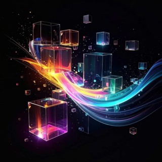 Abstract animation, glass cubes on black background, modern business wallpaper illustration, AI