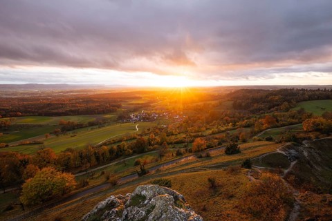 Sunset, autumn at Spielburg Nature Reserve, Hohenstaufen, Göppingen, Baden-Württemberg, Germany