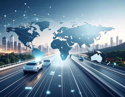 Abstract visualization of global rare earth supply network feeding EV industry, world map design,