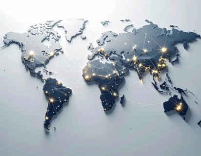 Abstract visualization of global rare earth supply network feeding EV industry, world map design,