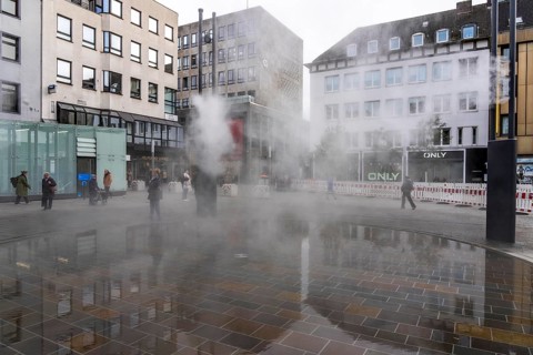Digital water feature, Blue Cloud water installation on Husemanplatz in downtown Bochum, water mist