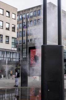 Digital water feature, Blue Cloud water installation on Husemanplatz in downtown Bochum, water mist