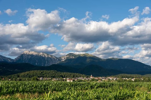 A Slovenian village is nestled between green fields and the imposing peaks of the Julian Alps near