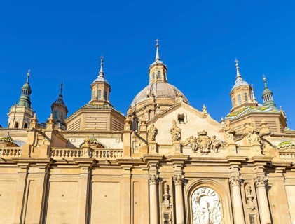 Towers and domes on roof of Basilica of Our Lady of the Pillar cathedral church, Zaragoza, Aragon,