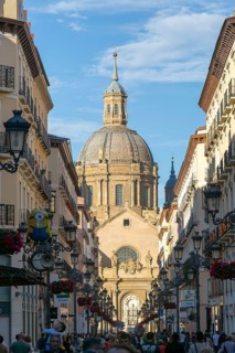 View of Basilica of Our Lady of the Pillar cathedral church from Calle de Alfonso I, Zaragoza,