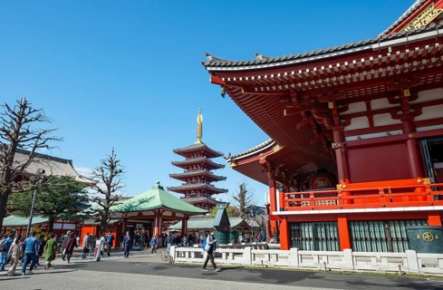 Buddhist temple complex with five-story pagoda, Asakusa shrine or Senso-ji temple, Asakusa, Tokyo,