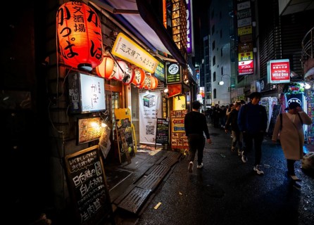 Pedestrians, alley with neon signs, paper lanterns and advertising signs at night, Udagawacho,