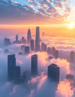 City scape emerging from a dense enveloping fog in sunrise and skyscrapers piercing the haze, big