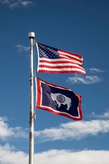 Alcova, Wyoming - The flags of the United States and the state of Wyoming fly at the Independence