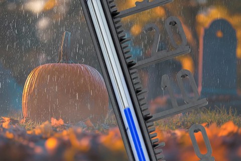 (Photo montage) Weather forecast Halloween rain: close-up of a thermometer in front of a Halloween