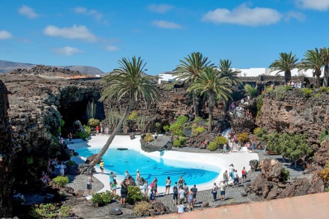 View from elevated position of pool designed by César Manrique Swimming pool in art venue cultural