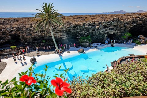 View from elevated position of pool designed by César Manrique Swimming pool in art venue cultural