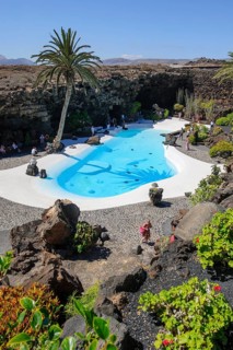 View from elevated position of pool designed by César Manrique Swimming pool in art venue cultural