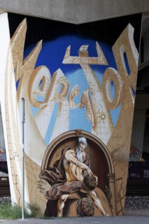 Gerhard Mercator graffiti on a concrete pillar of the A59, famous geographer of the 16th century,